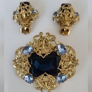 Vintage Mid Century Czech Filigree & Blue Glass Brooch & Earring Set